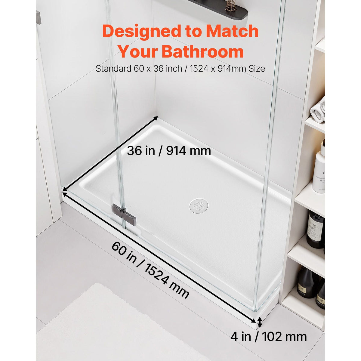 Shower Pan, 60″ L x 36″ W Single Threshold Shower Base, Rectangle Acrylic & PVC Showering Base in White, Slip-Resistant Showering Pan Bases with Drain & Cover for Bathroom, Center Drain Location