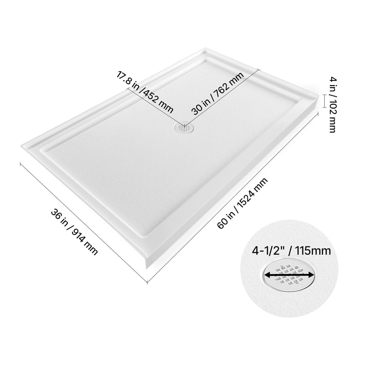 Shower Pan, 60″ L x 36″ W Single Threshold Shower Base, Rectangle Acrylic & PVC Showering Base in White, Slip-Resistant Showering Pan Bases with Drain & Cover for Bathroom, Center Drain Location
