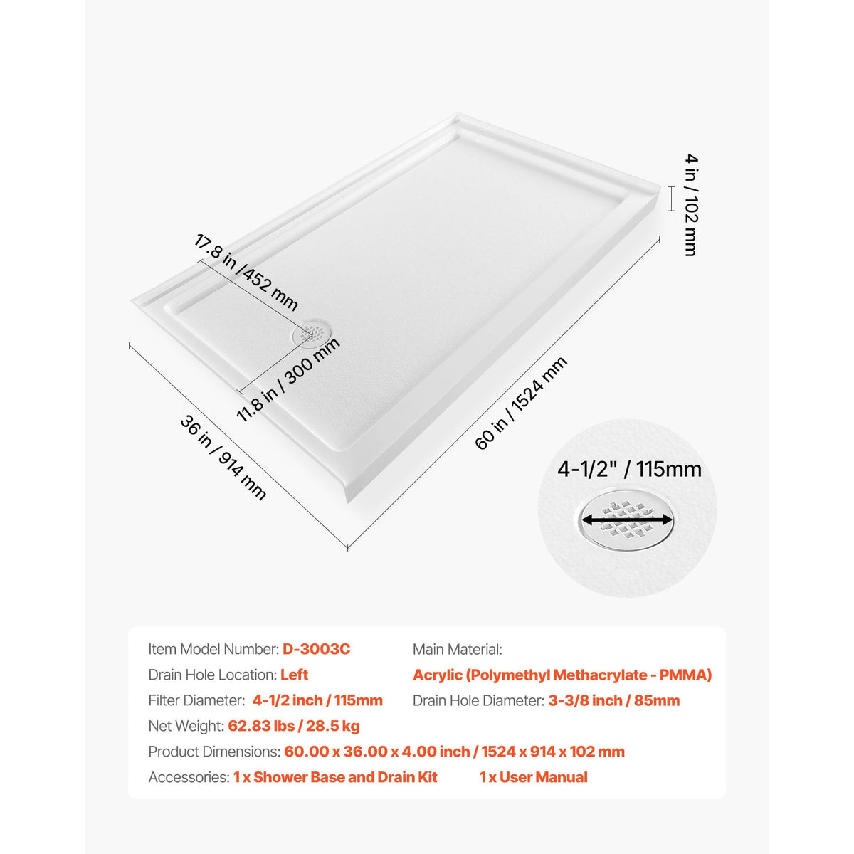 Shower Pan, 60″ L x 36″ W Single Threshold Shower Base, Rectangle Acrylic & PVC Showering Base in White, Slip-Resistant Showering Pan Bases with Drain & Cover for Bathroom, Left Drain Location