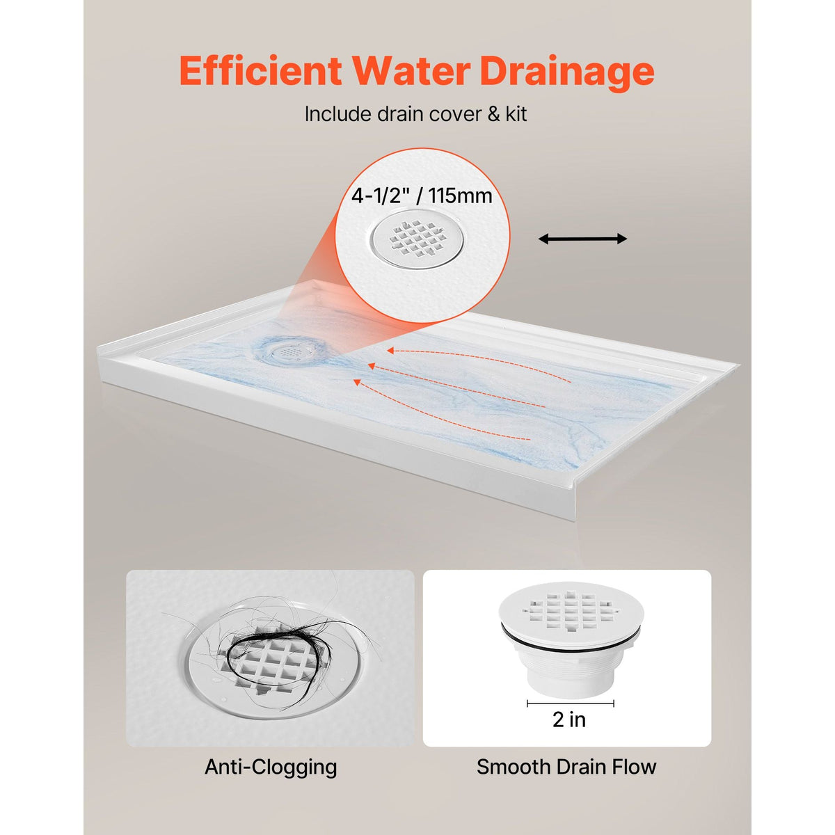 Shower Pan, 60″ L x 36″ W Single Threshold Shower Base, Rectangle Acrylic & PVC Showering Base in White, Slip-Resistant Showering Pan Bases with Drain & Cover for Bathroom, Left Drain Location