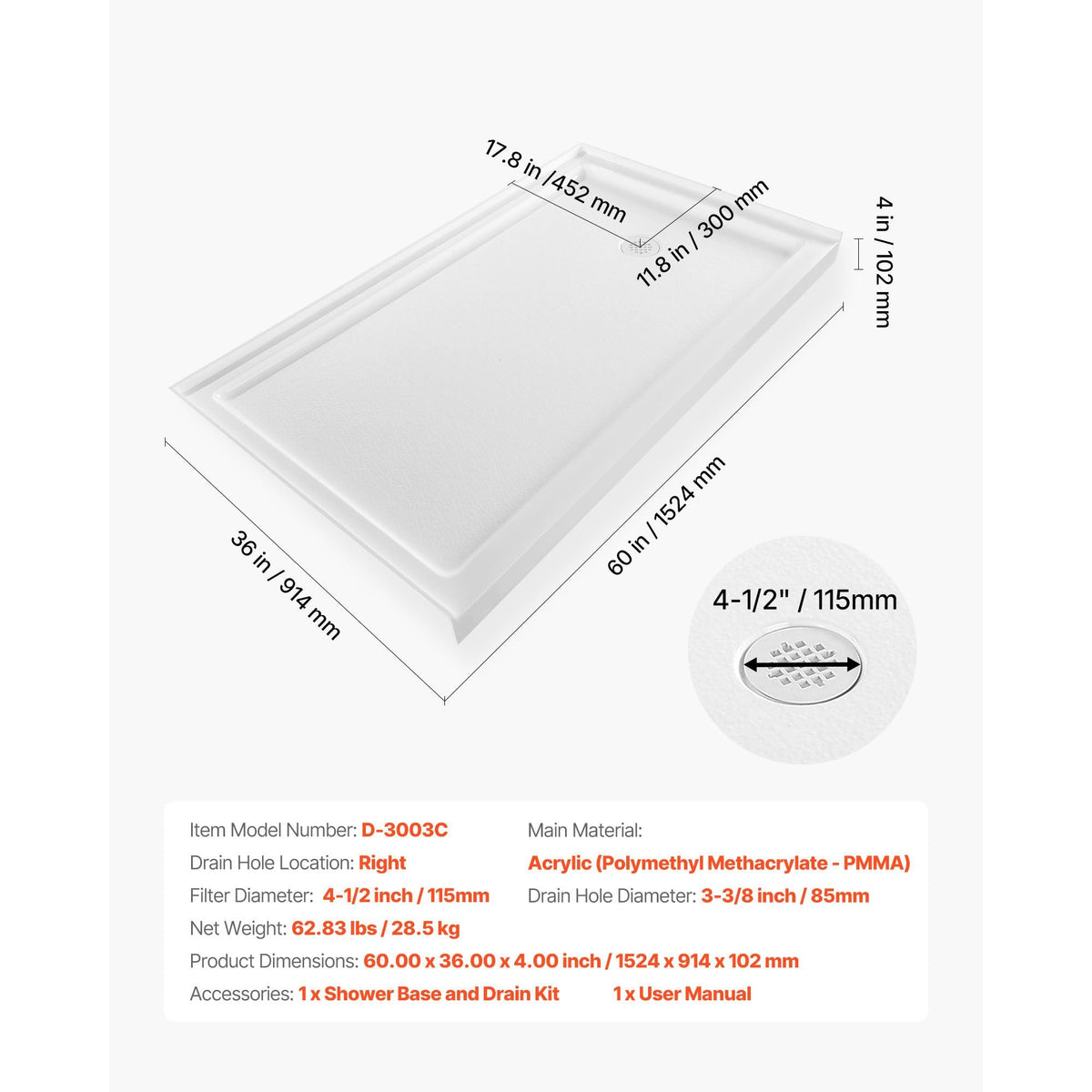 Shower Pan, 60″ L x 36″ W Single Threshold Shower Base, Rectangle Acrylic & PVC Showering Base in White, Slip-Resistant Showering Pan Bases with Drain & Cover for Bathroom, Right Drain Location