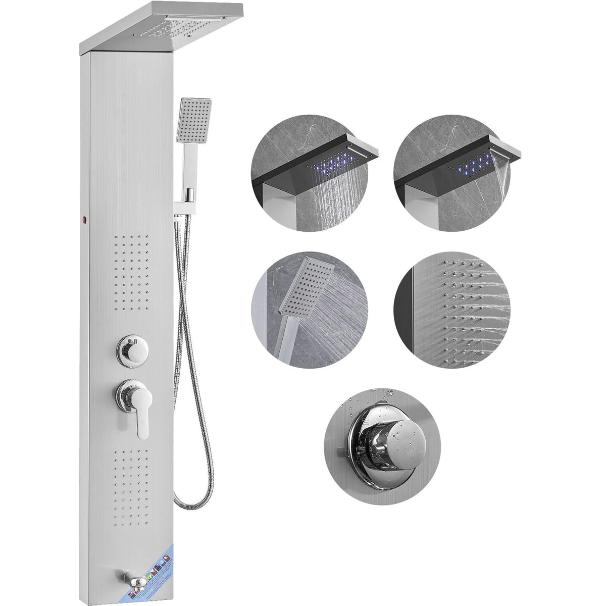Shower Panel System, 5 Shower Modes, LED Shower Panel Tower, Rainfall, Waterfall, 2 Body Massage Jets, Tub Spout, Handheld Shower Head with 59" Hose, Stainless Steel Wall-Mounted Shower Set