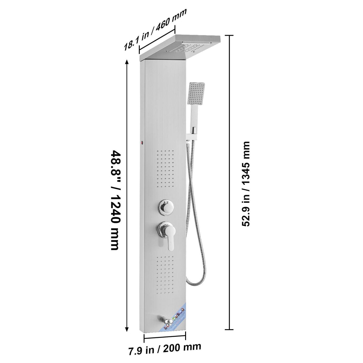 Shower Panel System, 5 Shower Modes, LED Shower Panel Tower, Rainfall, Waterfall, 2 Body Massage Jets, Tub Spout, Handheld Shower Head with 59" Hose, Stainless Steel Wall-Mounted Shower Set