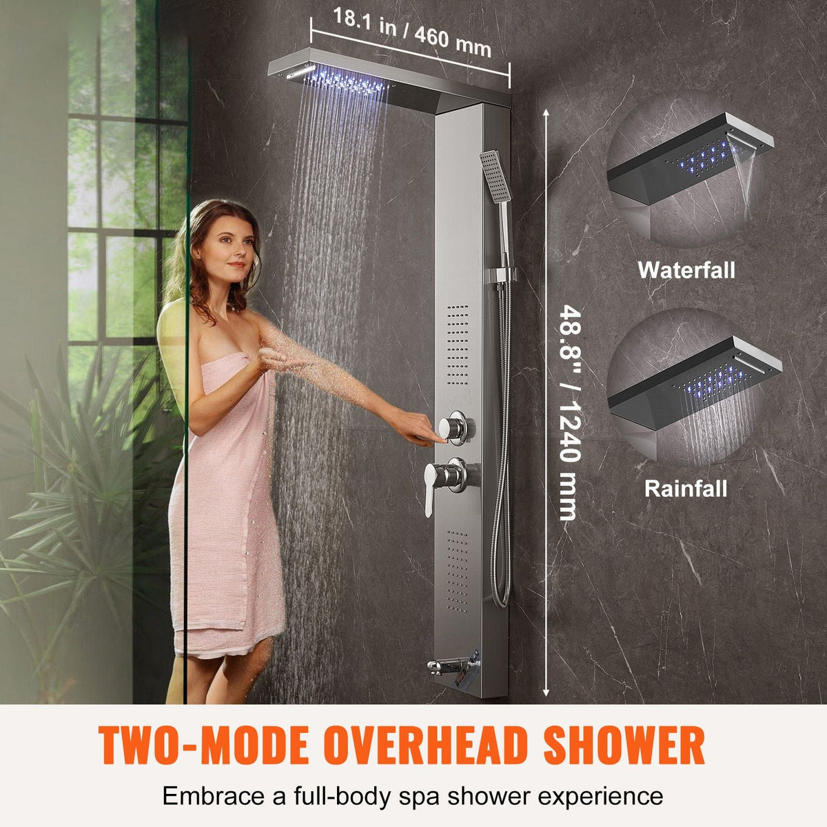 Shower Panel System, 5 Shower Modes, LED Shower Panel Tower, Rainfall, Waterfall, 2 Body Massage Jets, Tub Spout, Handheld Shower Head with 59" Hose, Stainless Steel Wall-Mounted Shower Set
