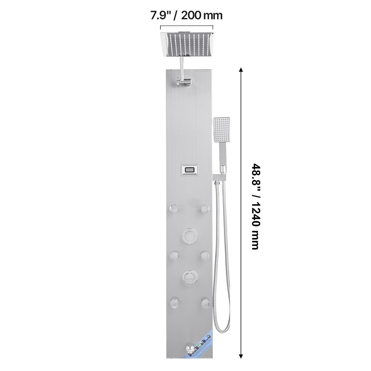 Shower Panel Tower System with Rainfall Shower Head, LED, 49 in Brushed Stainless Steel Shower Column, 4-Function Faucet, Wall-Mount Rain Massage System with 6 Body Jets, Handheld, and Tub Spout