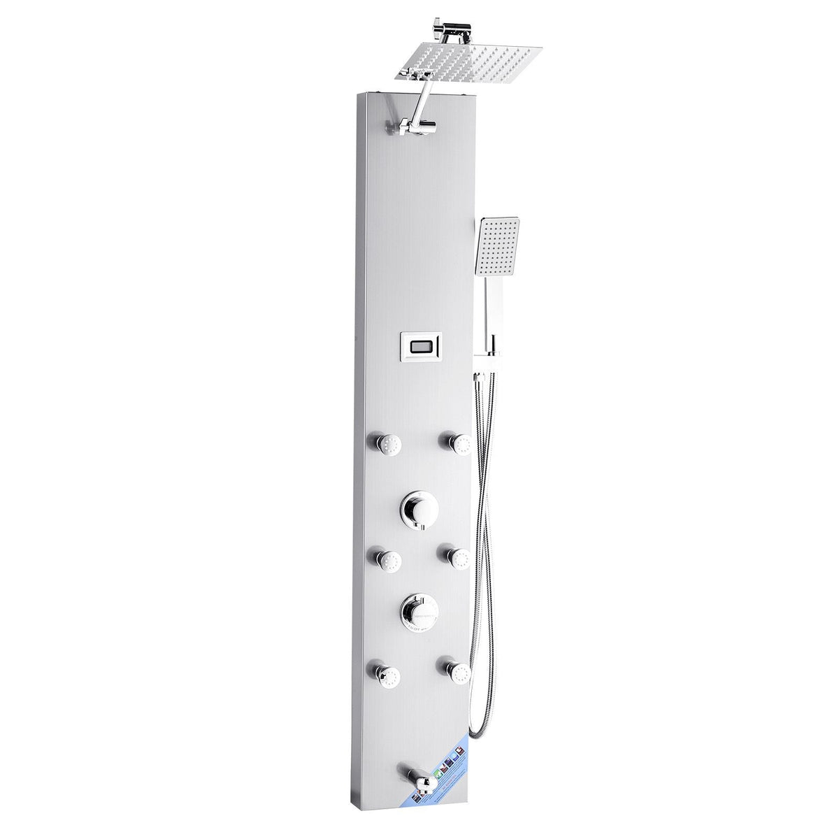 Shower Panel Tower System with Rainfall Shower Head, LED, 49 in Brushed Stainless Steel Shower Column, 4-Function Faucet, Wall-Mount Rain Massage System with 6 Body Jets, Handheld, and Tub Spout
