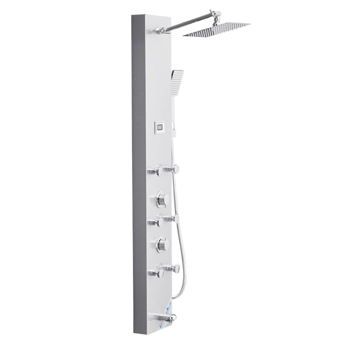 Shower Panel Tower System with Rainfall Shower Head, LED, 49 in Brushed Stainless Steel Shower Column, 4-Function Faucet, Wall-Mount Rain Massage System with 6 Body Jets, Handheld, and Tub Spout
