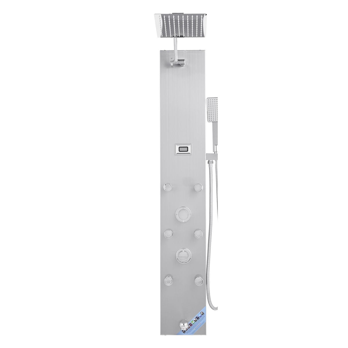 Shower Panel Tower System with Rainfall Shower Head, LED, 49 in Brushed Stainless Steel Shower Column, 4-Function Faucet, Wall-Mount Rain Massage System with 6 Body Jets, Handheld, and Tub Spout