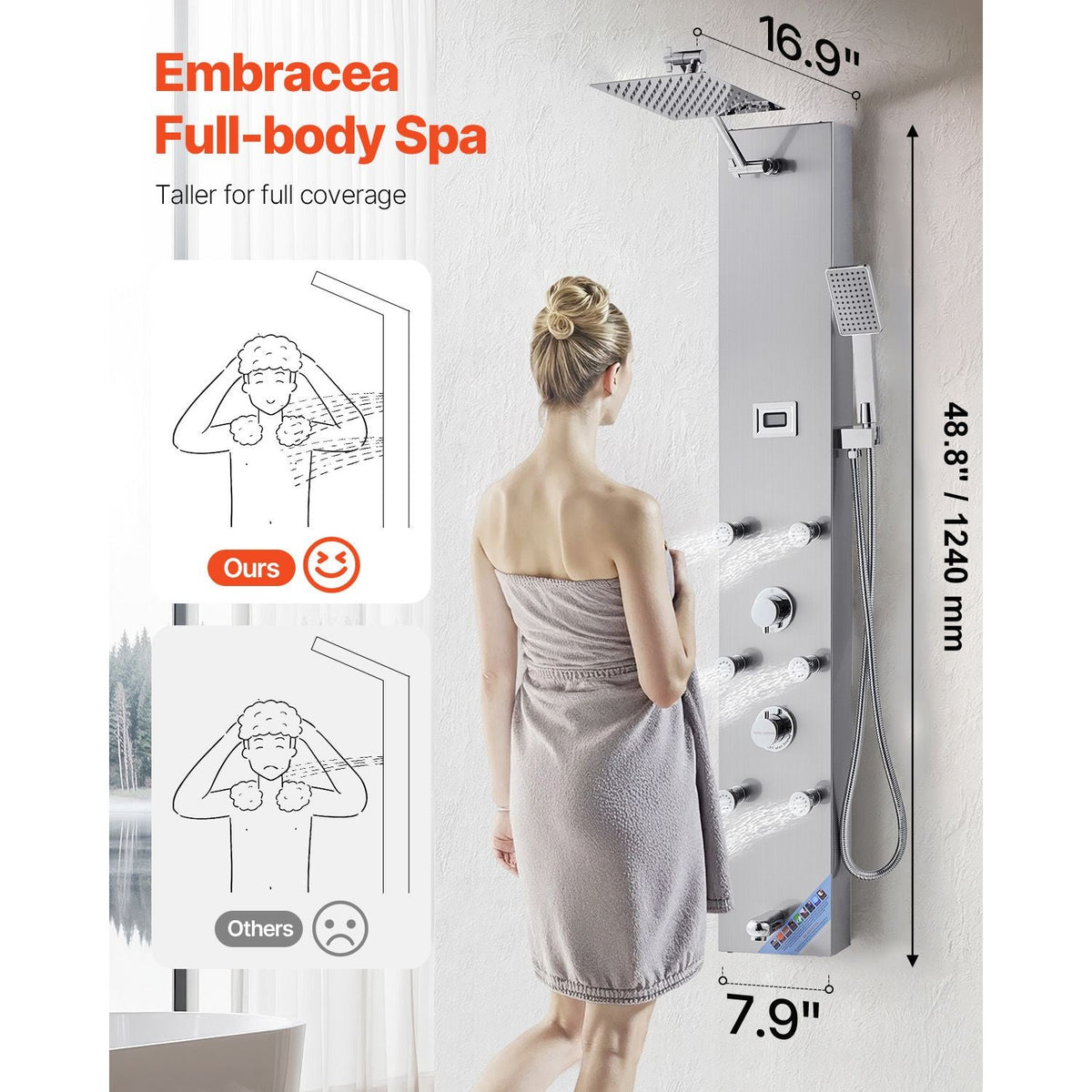 Shower Panel Tower System with Rainfall Shower Head, LED, 49 in Brushed Stainless Steel Shower Column, 4-Function Faucet, Wall-Mount Rain Massage System with 6 Body Jets, Handheld, and Tub Spout