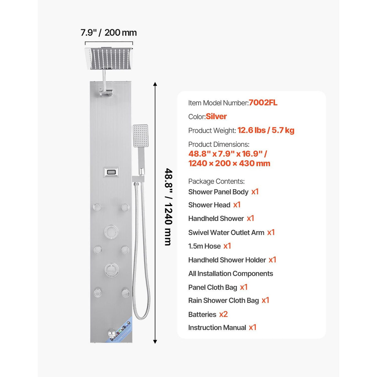 Shower Panel Tower System with Rainfall Shower Head, LED, 49 in Brushed Stainless Steel Shower Column, 4-Function Faucet, Wall-Mount Rain Massage System with 6 Body Jets, Handheld, and Tub Spout