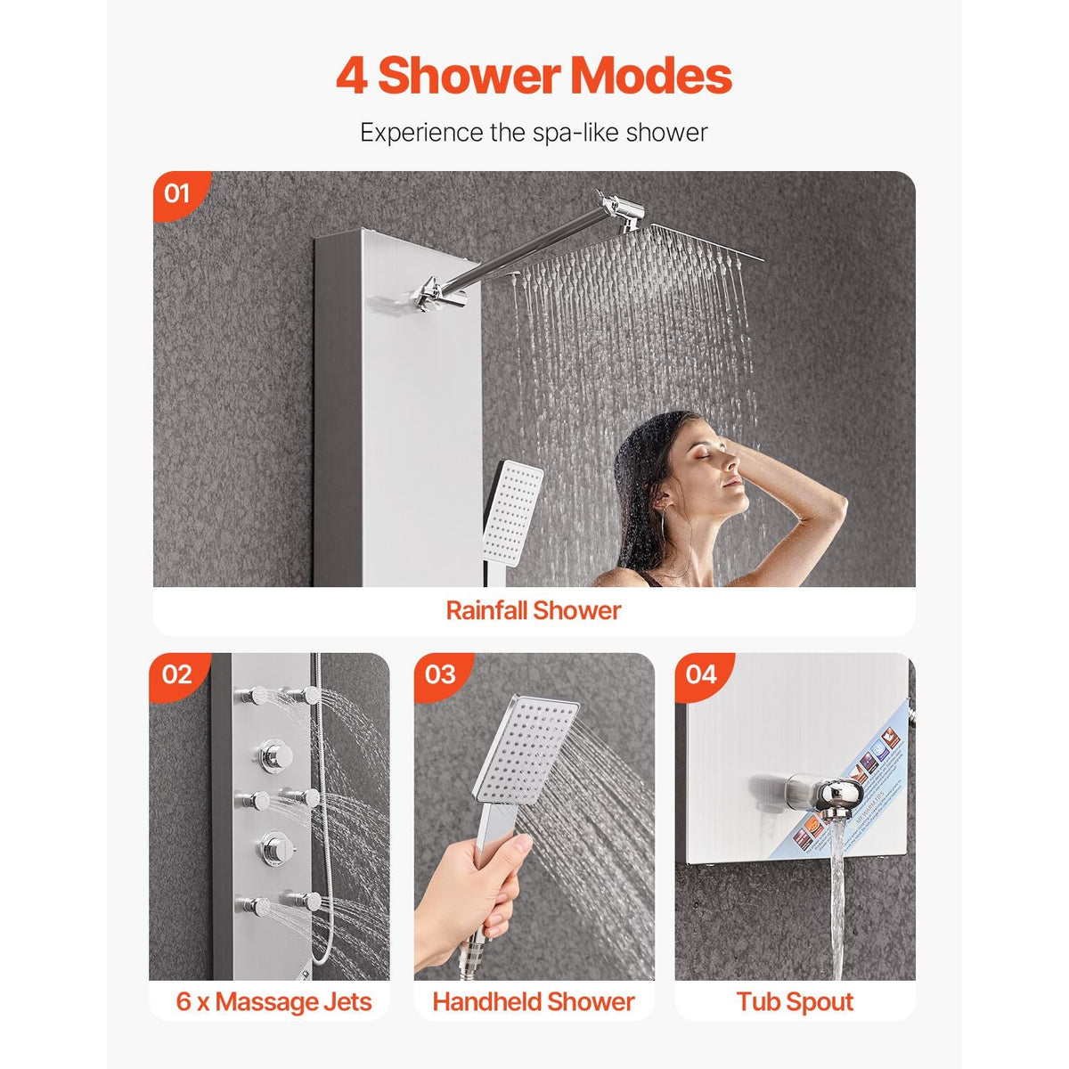 Shower Panel Tower System with Rainfall Shower Head, LED, 49 in Brushed Stainless Steel Shower Column, 4-Function Faucet, Wall-Mount Rain Massage System with 6 Body Jets, Handheld, and Tub Spout