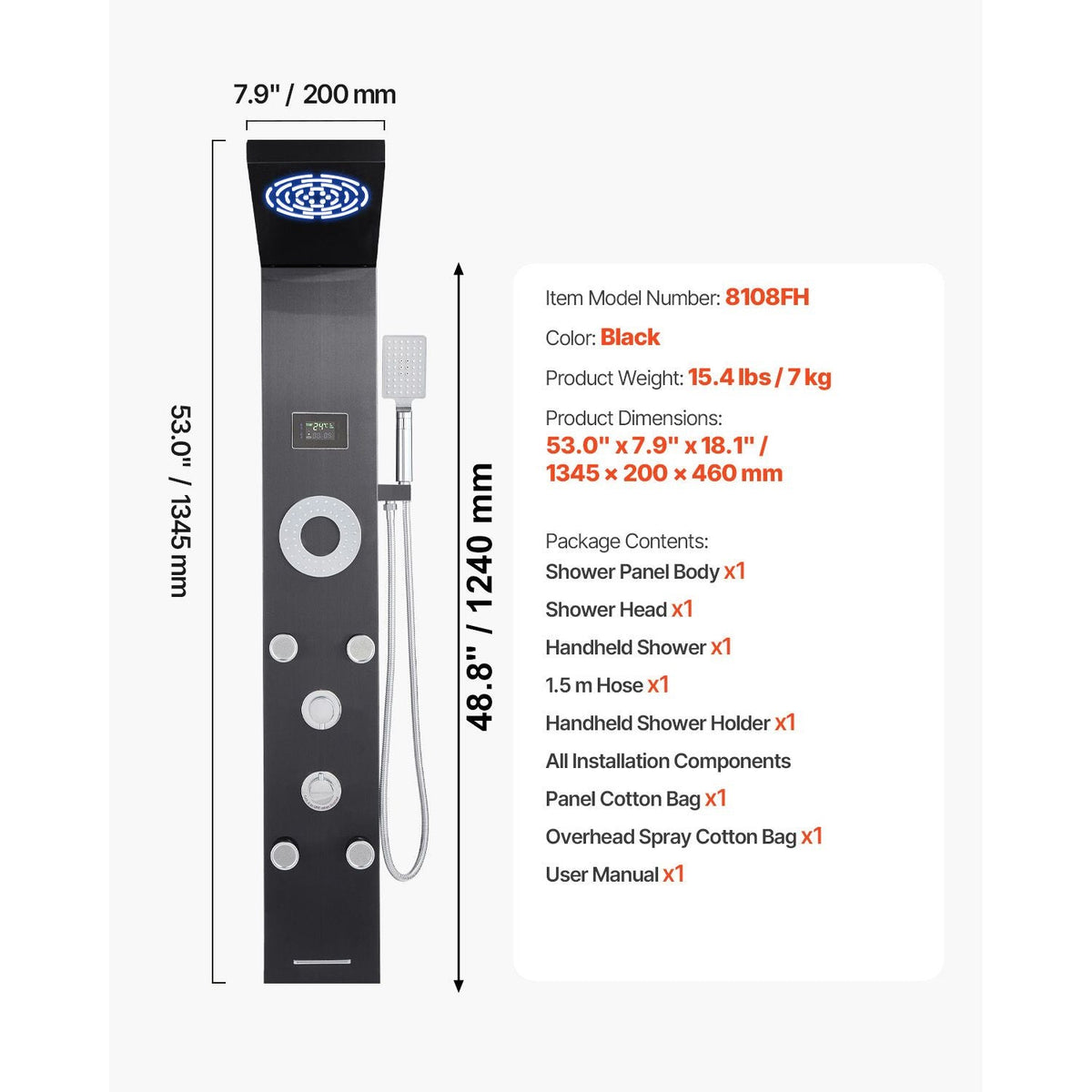 Shower Panel Tower System with Rainfall Shower Head, LED, 53 in Brushed Stainless Steel Shower Column, 6-Function Faucet, Wall-Mount Rain Massage System with 5 Body Jets, Handheld, Tub Spout