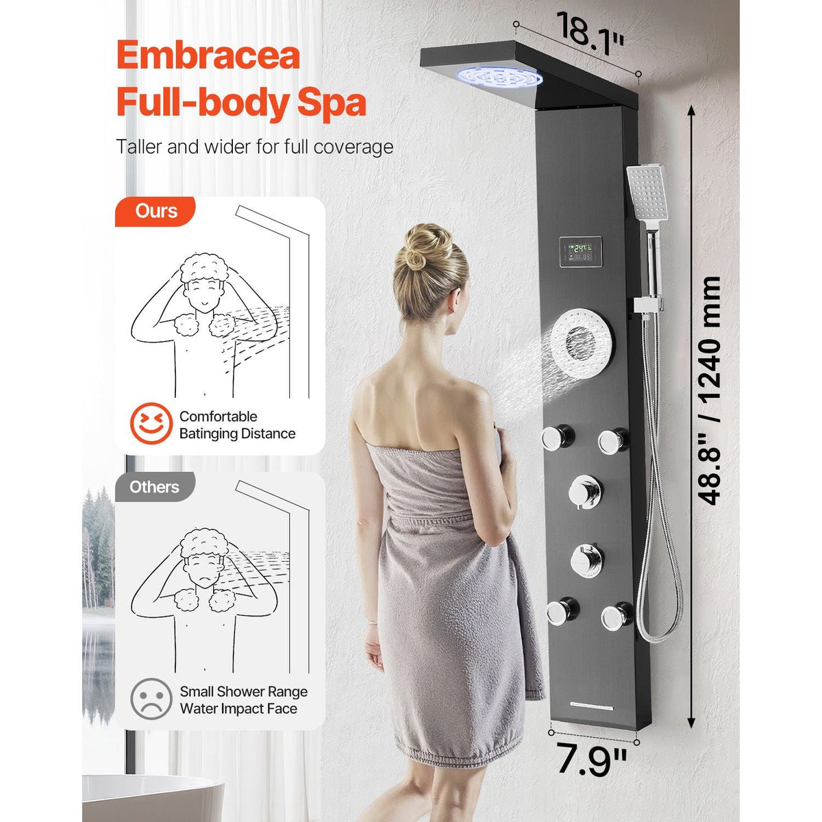 Shower Panel Tower System with Rainfall Shower Head, LED, 53 in Brushed Stainless Steel Shower Column, 6-Function Faucet, Wall-Mount Rain Massage System with 5 Body Jets, Handheld, Tub Spout