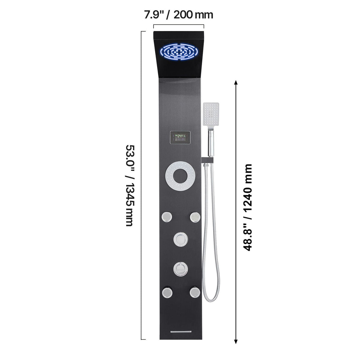 Shower Panel Tower System with Rainfall Shower Head, LED, 53 in Brushed Stainless Steel Shower Column, 6-Function Faucet, Wall-Mount Rain Massage System with 5 Body Jets, Handheld, Tub Spout