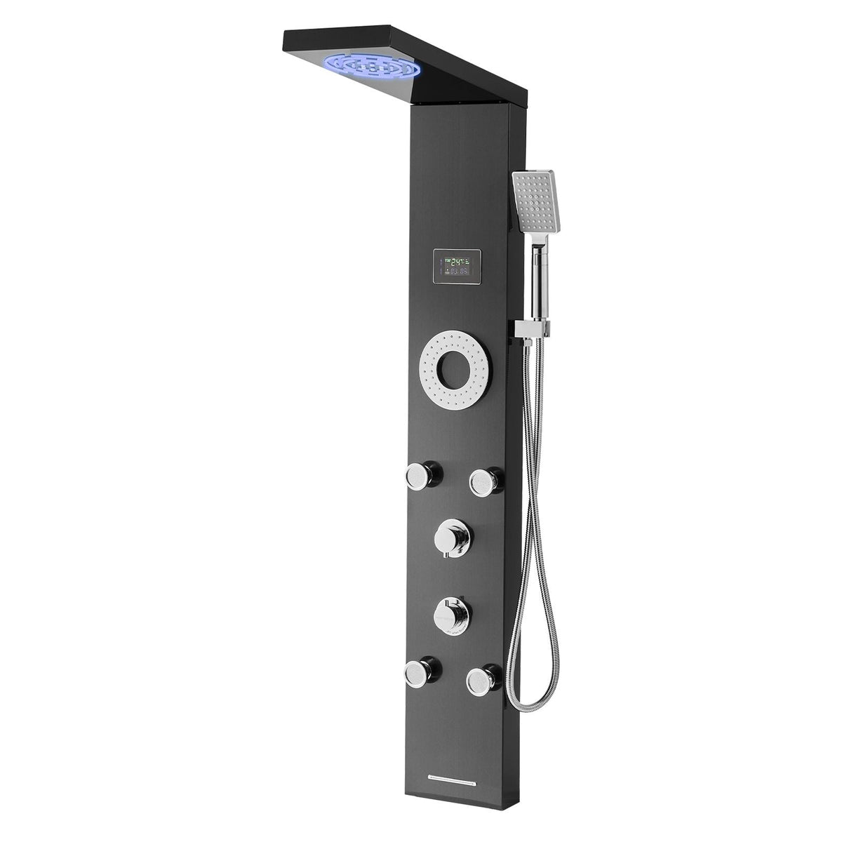 Shower Panel Tower System with Rainfall Shower Head, LED, 53 in Brushed Stainless Steel Shower Column, 6-Function Faucet, Wall-Mount Rain Massage System with 5 Body Jets, Handheld, Tub Spout