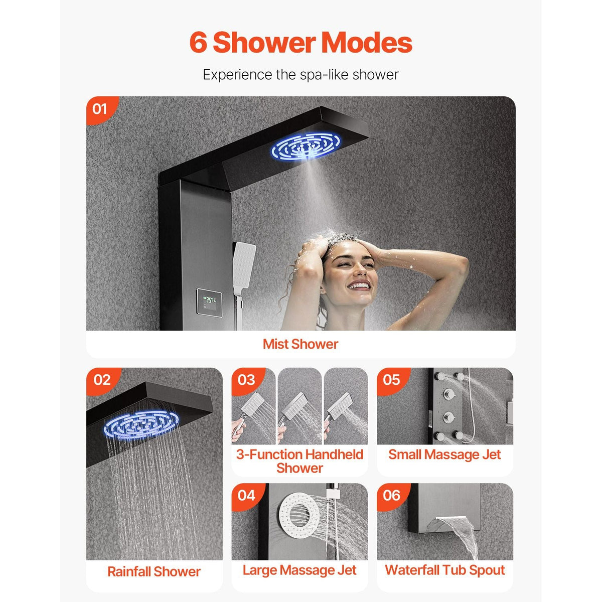 Shower Panel Tower System with Rainfall Shower Head, LED, 53 in Brushed Stainless Steel Shower Column, 6-Function Faucet, Wall-Mount Rain Massage System with 5 Body Jets, Handheld, Tub Spout