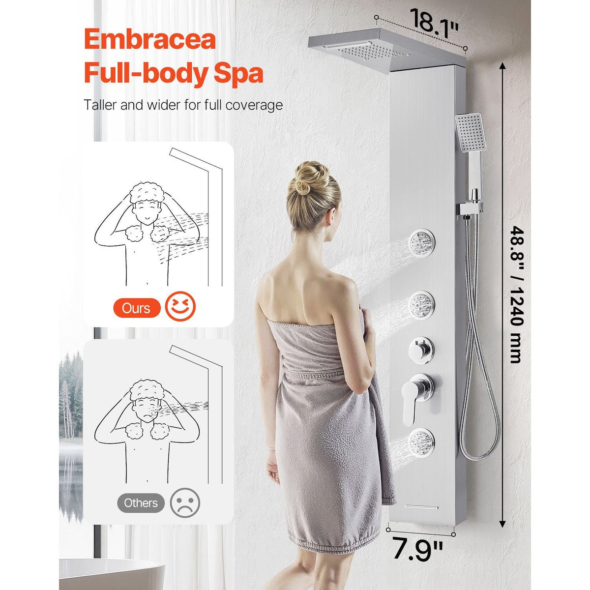 Shower Panel Tower System with Rainfall Waterfall Shower Head, 53 in Brushed Stainless Steel Shower Column, 5-Function Faucet, Wall-Mount Rain Massage System with 3 Body Jet, Handheld, Tub Spout