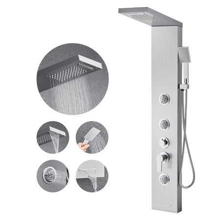 Shower Panel Tower System with Rainfall Waterfall Shower Head, 53 in Brushed Stainless Steel Shower Column, 5-Function Faucet, Wall-Mount Rain Massage System with 3 Body Jet, Handheld, Tub Spout