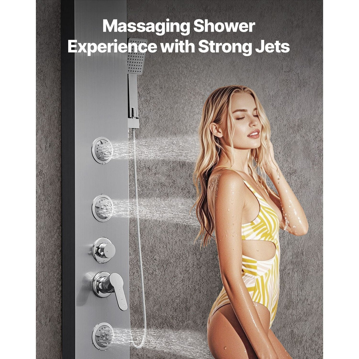 Shower Panel Tower System with Rainfall Waterfall Shower Head, 53 in Brushed Stainless Steel Shower Column, 5-Function Faucet, Wall-Mount Rain Massage System with 3 Body Jet, Handheld, Tub Spout