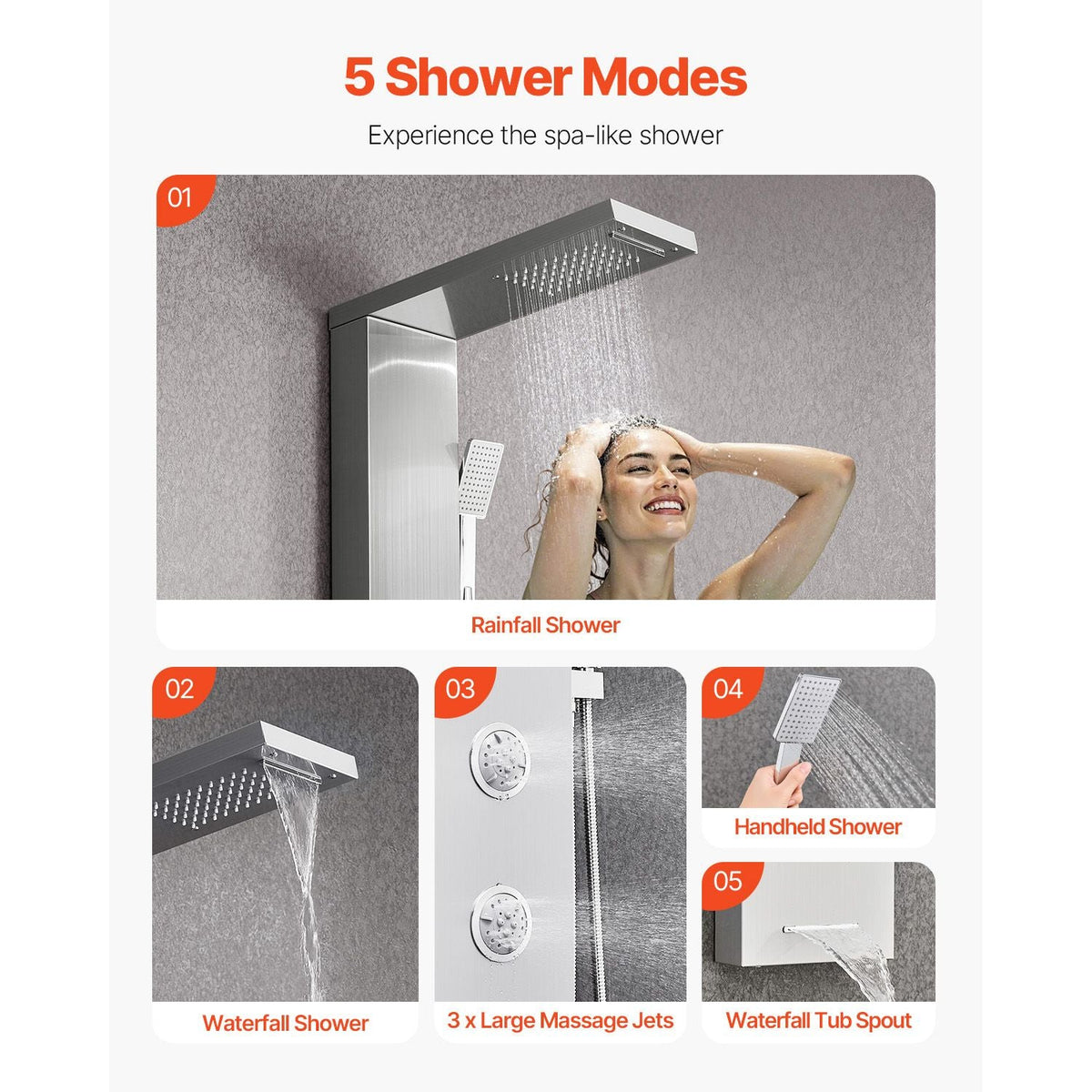Shower Panel Tower System with Rainfall Waterfall Shower Head, 53 in Brushed Stainless Steel Shower Column, 5-Function Faucet, Wall-Mount Rain Massage System with 3 Body Jet, Handheld, Tub Spout