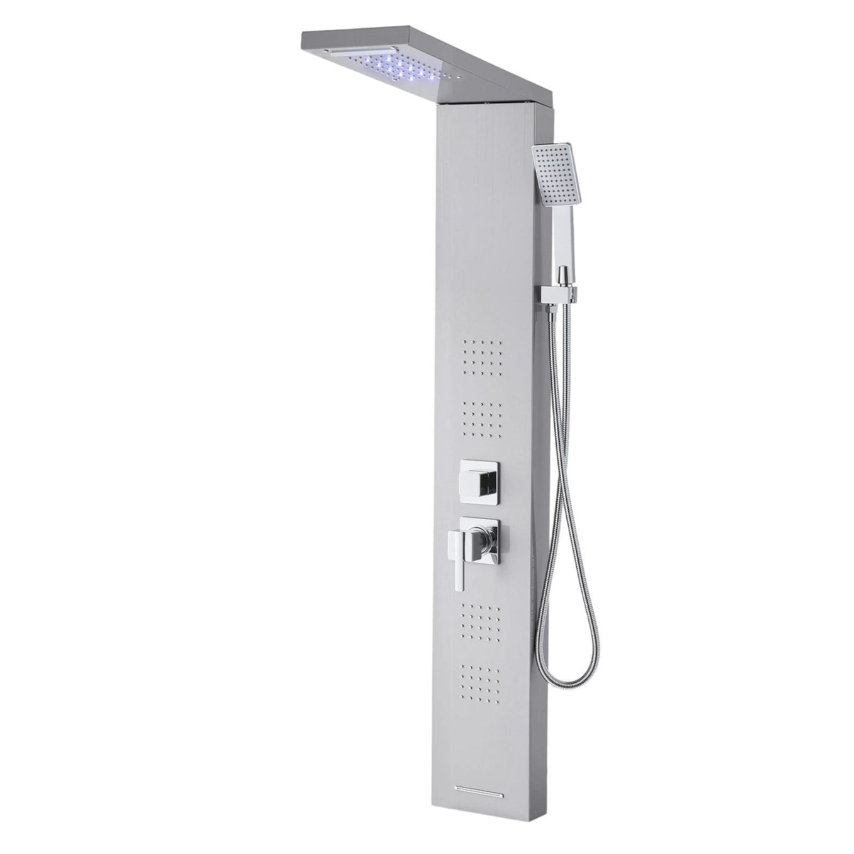 Shower Panel Tower System with Rainfall Waterfall Shower Head, LED, 53 in Brushed Stainless Steel Shower Column, 5-Function Faucet, Wall-Mount Rain Massage System, with Handheld and Tub Spout