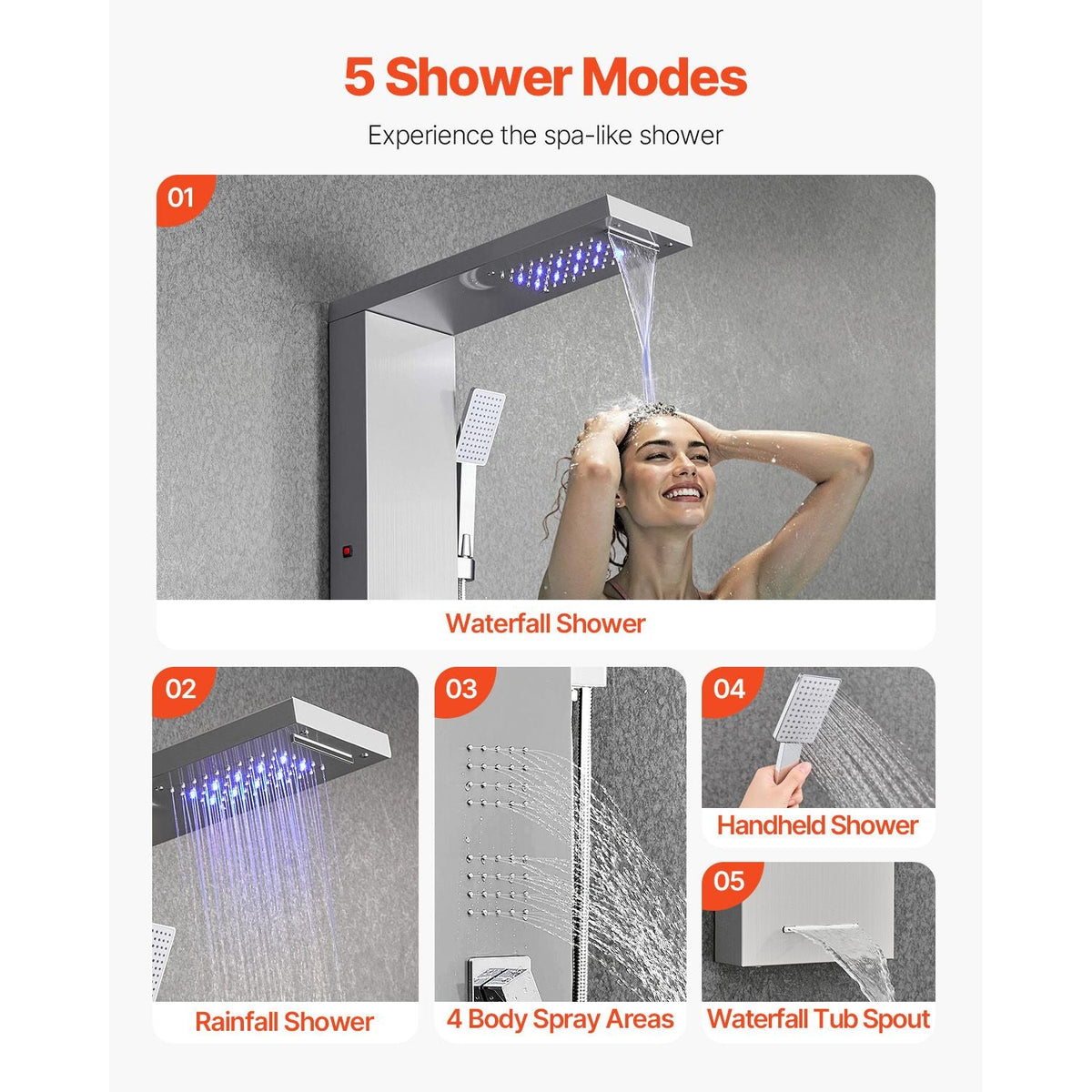 Shower Panel Tower System with Rainfall Waterfall Shower Head, LED, 53 in Brushed Stainless Steel Shower Column, 5-Function Faucet, Wall-Mount Rain Massage System, with Handheld and Tub Spout