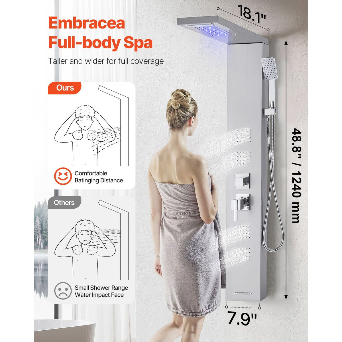 Shower Panel Tower System with Rainfall Waterfall Shower Head, LED, 53 in Brushed Stainless Steel Shower Column, 5-Function Faucet, Wall-Mount Rain Massage System, with Handheld and Tub Spout