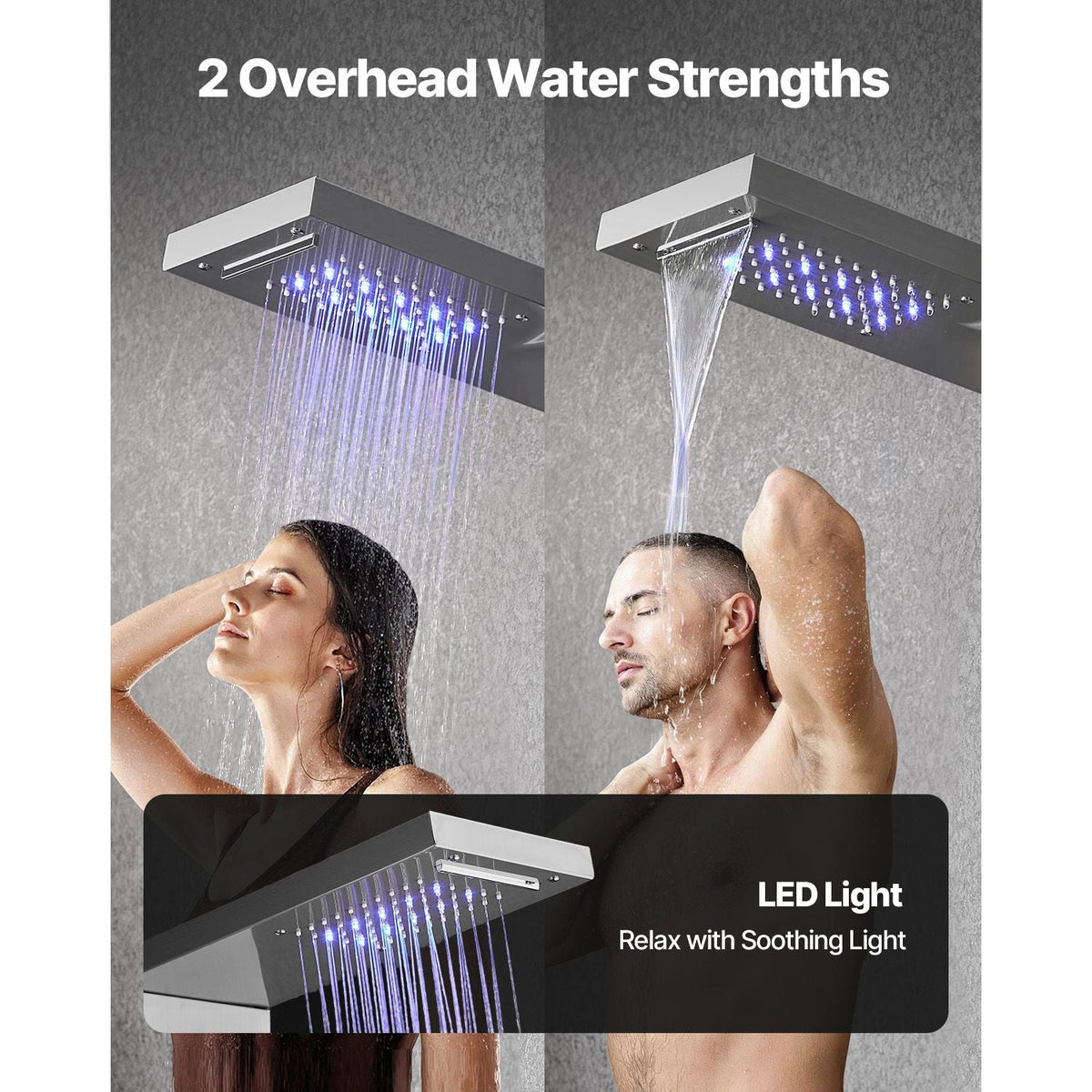 Shower Panel Tower System with Rainfall Waterfall Shower Head, LED, 53 in Brushed Stainless Steel Shower Column, 5-Function Faucet, Wall-Mount Rain Massage System, with Handheld and Tub Spout