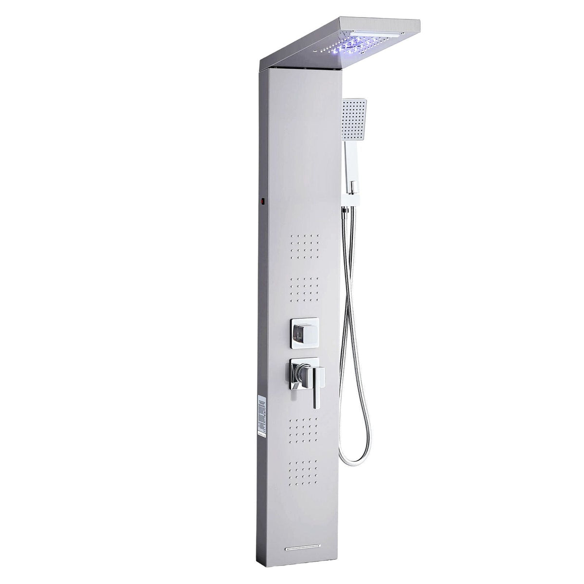 Shower Panel Tower System with Rainfall Waterfall Shower Head, LED, 53 in Brushed Stainless Steel Shower Column, 5-Function Faucet, Wall-Mount Rain Massage System, with Handheld and Tub Spout