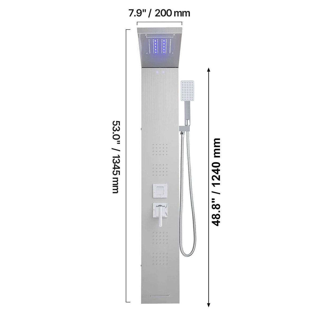 Shower Panel Tower System with Rainfall Waterfall Shower Head, LED, 53 in Brushed Stainless Steel Shower Column, 5-Function Faucet, Wall-Mount Rain Massage System, with Handheld and Tub Spout