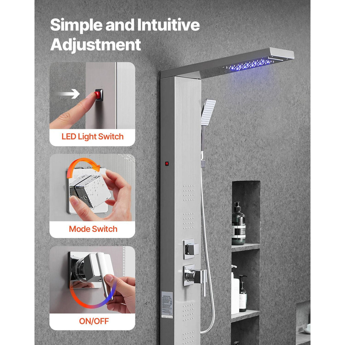 Shower Panel Tower System with Rainfall Waterfall Shower Head, LED, 53 in Brushed Stainless Steel Shower Column, 5-Function Faucet, Wall-Mount Rain Massage System, with Handheld and Tub Spout