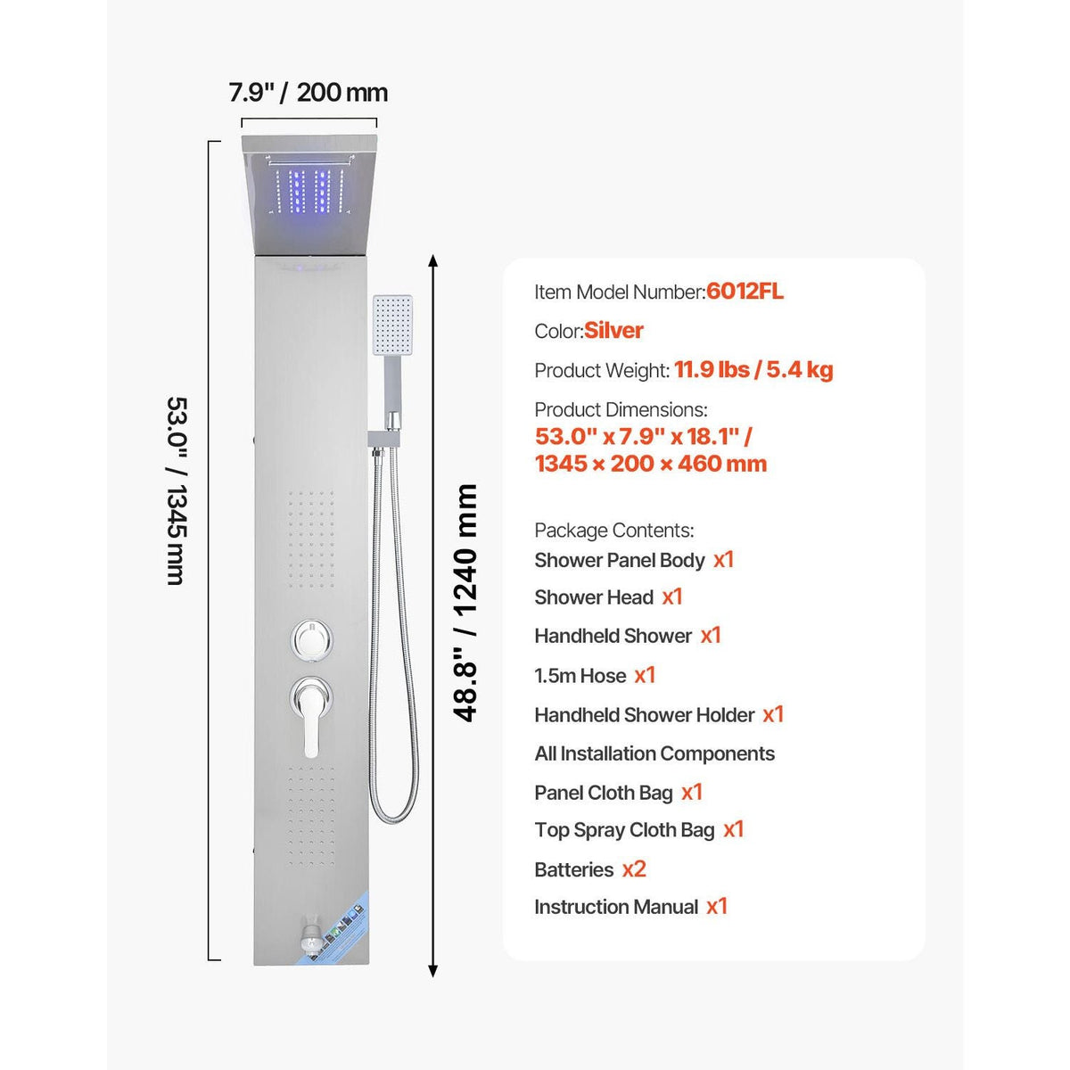 Shower Panel Tower System with Rainfall Waterfall Shower Head, LED, 53 in Brushed Stainless Steel Shower Column, 5-Function Faucet, Wall-Mount Rain Massage System, with Handheld, Tub Spout