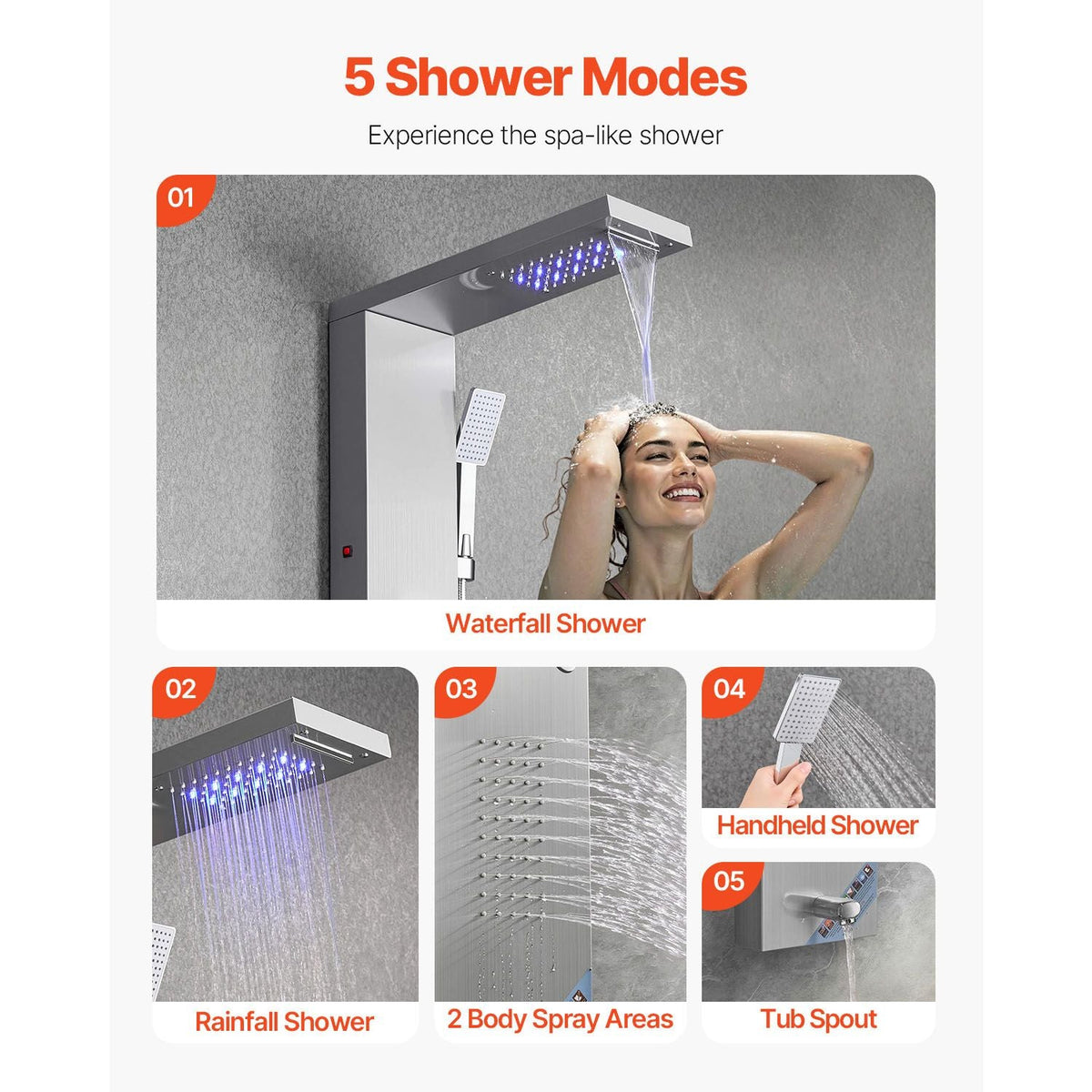 Shower Panel Tower System with Rainfall Waterfall Shower Head, LED, 53 in Brushed Stainless Steel Shower Column, 5-Function Faucet, Wall-Mount Rain Massage System, with Handheld, Tub Spout