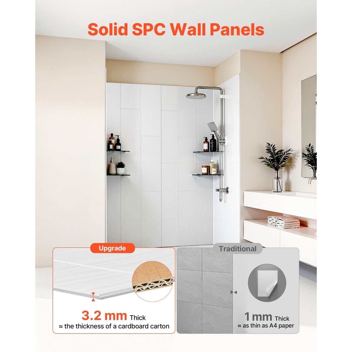 Shower Wall Panels, 60" W x 36" D x 75" H, 0.14" (3.5 mm) Thick, 3-Panel Waterproof SMC Shower Surround Kit, Quick Install and Trimmable Bathroom Tub Wall Panel Surround Kit with 4 Glass Shelves