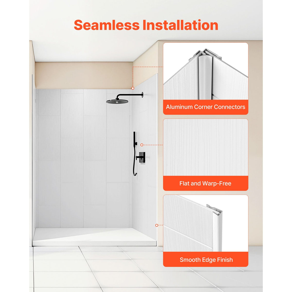 Shower Wall Panels, 60" W x 36" D x 75" H, 0.14" (3.5 mm) Thick, 3-Panel Waterproof SMC Shower Surround Kit, Quick Install and Trimmable Bathroom Tub Wall Panel Surround Kit with 4 Glass Shelves