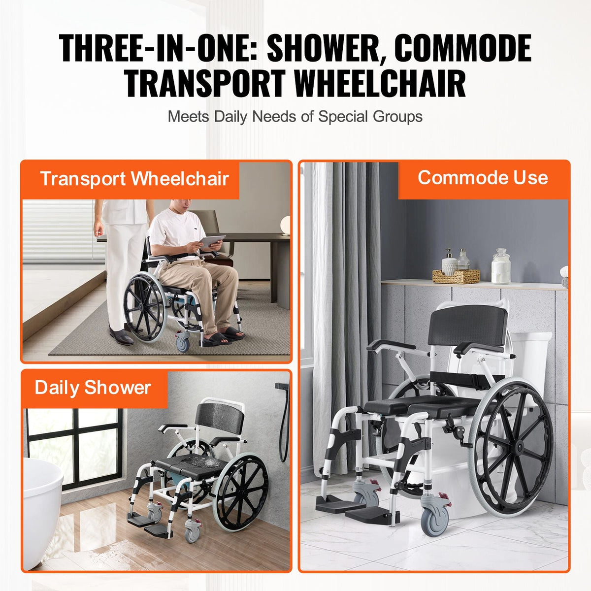 Shower Wheelchair, 17.5in Width Aluminum Alloy Bathroom Wheelchair for Inside Shower, Adjustable Rolling Shower Chair w/ Brake for Disabled Adult, 300 lbs Capacity Shower Commode Transport Chair