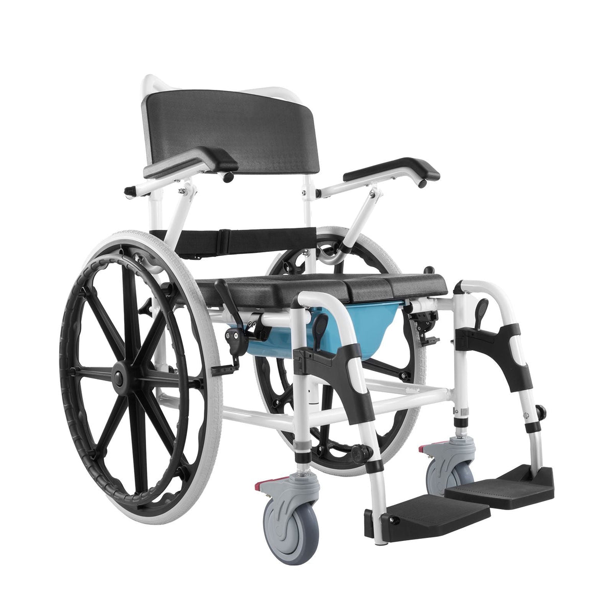 Shower Wheelchair, 17.5in Width Aluminum Alloy Bathroom Wheelchair for Inside Shower, Adjustable Rolling Shower Chair w/ Brake for Disabled Adult, 300 lbs Capacity Shower Commode Transport Chair