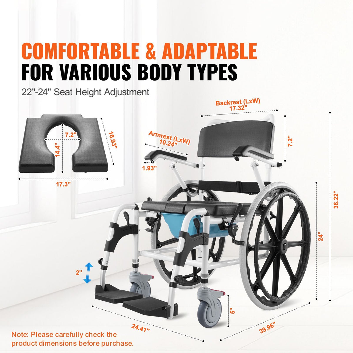 Shower Wheelchair, 17.5in Width Aluminum Alloy Bathroom Wheelchair for Inside Shower, Adjustable Rolling Shower Chair w/ Brake for Disabled Adult, 300 lbs Capacity Shower Commode Transport Chair
