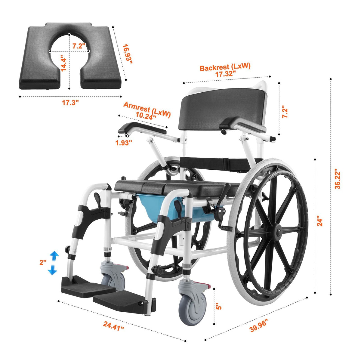 Shower Wheelchair, 17.5in Width Aluminum Alloy Bathroom Wheelchair for Inside Shower, Adjustable Rolling Shower Chair w/ Brake for Disabled Adult, 300 lbs Capacity Shower Commode Transport Chair