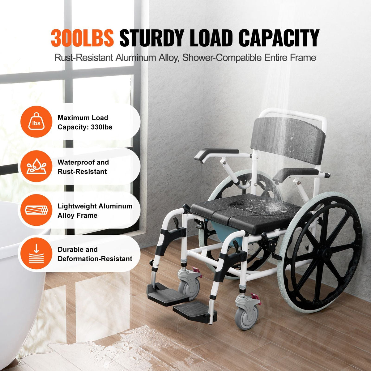 Shower Wheelchair, 17.5in Width Aluminum Alloy Bathroom Wheelchair for Inside Shower, Adjustable Rolling Shower Chair w/ Brake for Disabled Adult, 300 lbs Capacity Shower Commode Transport Chair