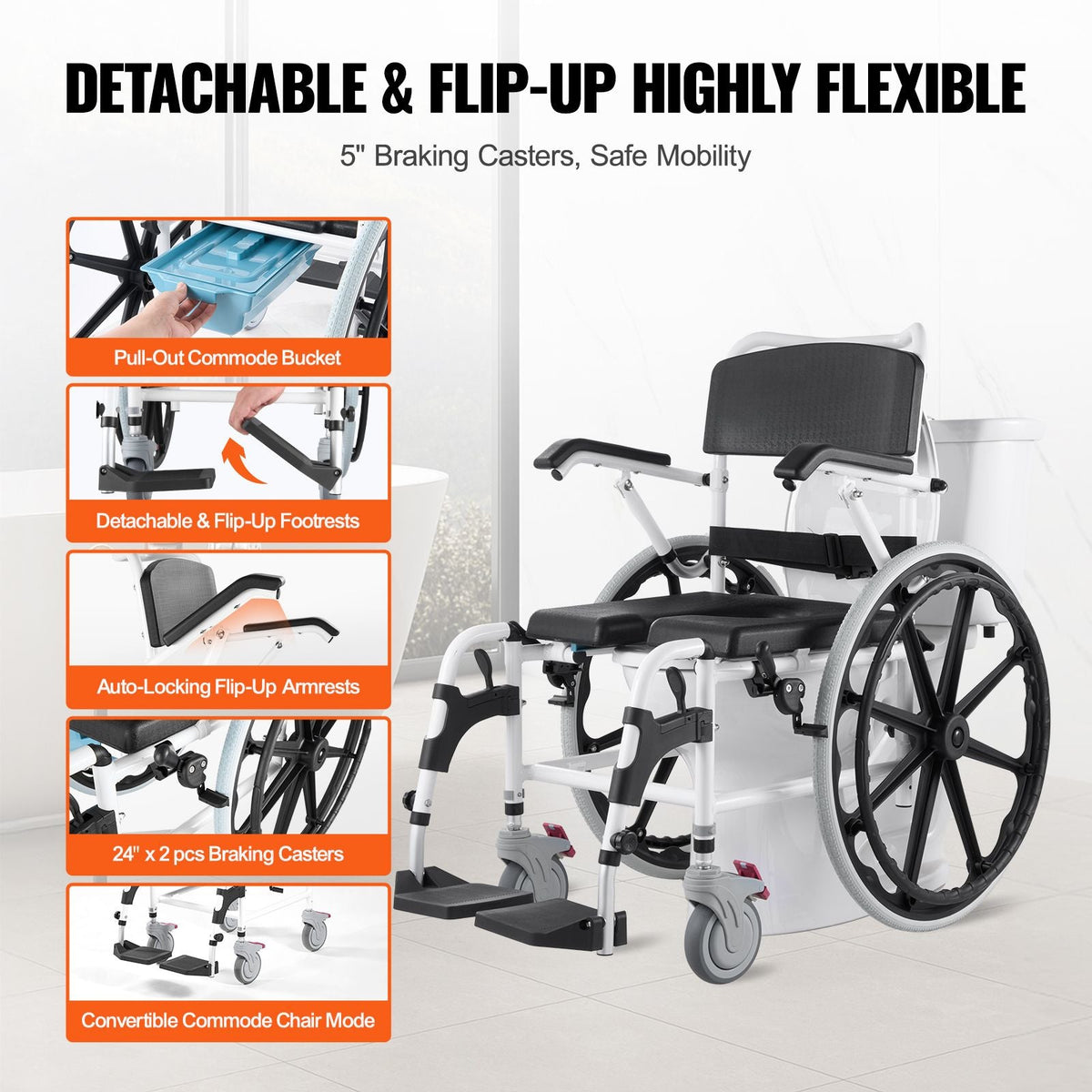 Shower Wheelchair, 17.5in Width Aluminum Alloy Bathroom Wheelchair for Inside Shower, Adjustable Rolling Shower Chair w/ Brake for Disabled Adult, 300 lbs Capacity Shower Commode Transport Chair