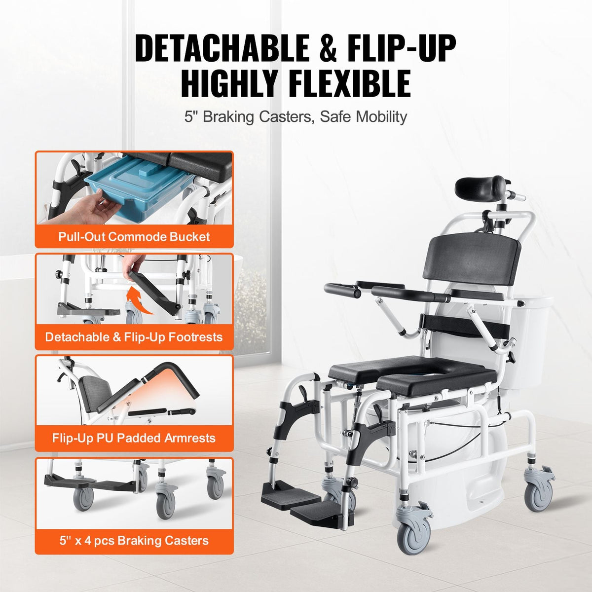 Shower Wheelchair, 17.5in Width Aluminum Alloy Bathroom Wheelchair for Inside Shower, Adjustable Rolling Shower Chair w/ Brake for Disabled Adult, 300 lbs Capacity Shower Transport Chair