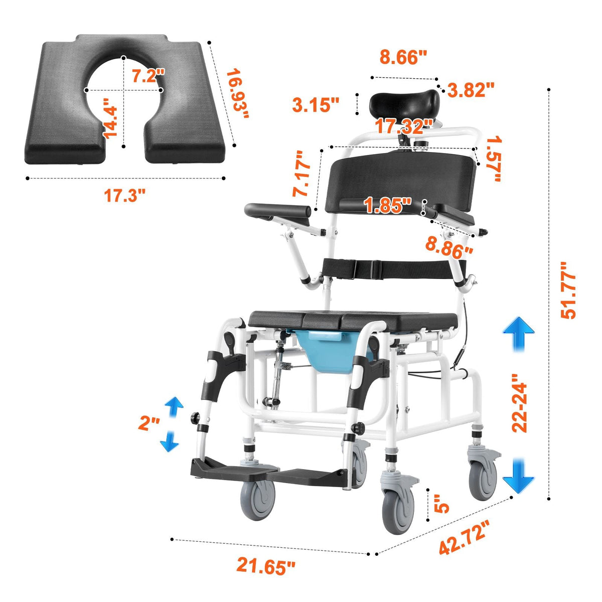 Shower Wheelchair, 17.5in Width Aluminum Alloy Bathroom Wheelchair for Inside Shower, Adjustable Rolling Shower Chair w/ Brake for Disabled Adult, 300 lbs Capacity Shower Transport Chair