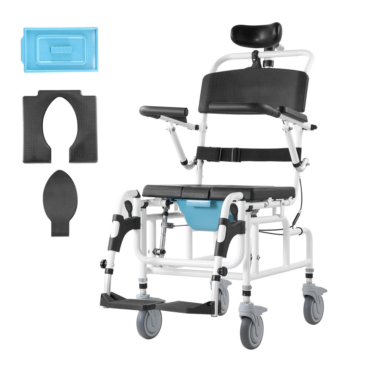 Shower Wheelchair, 17.5in Width Aluminum Alloy Bathroom Wheelchair for Inside Shower, Adjustable Rolling Shower Chair w/ Brake for Disabled Adult, 300 lbs Capacity Shower Transport Chair