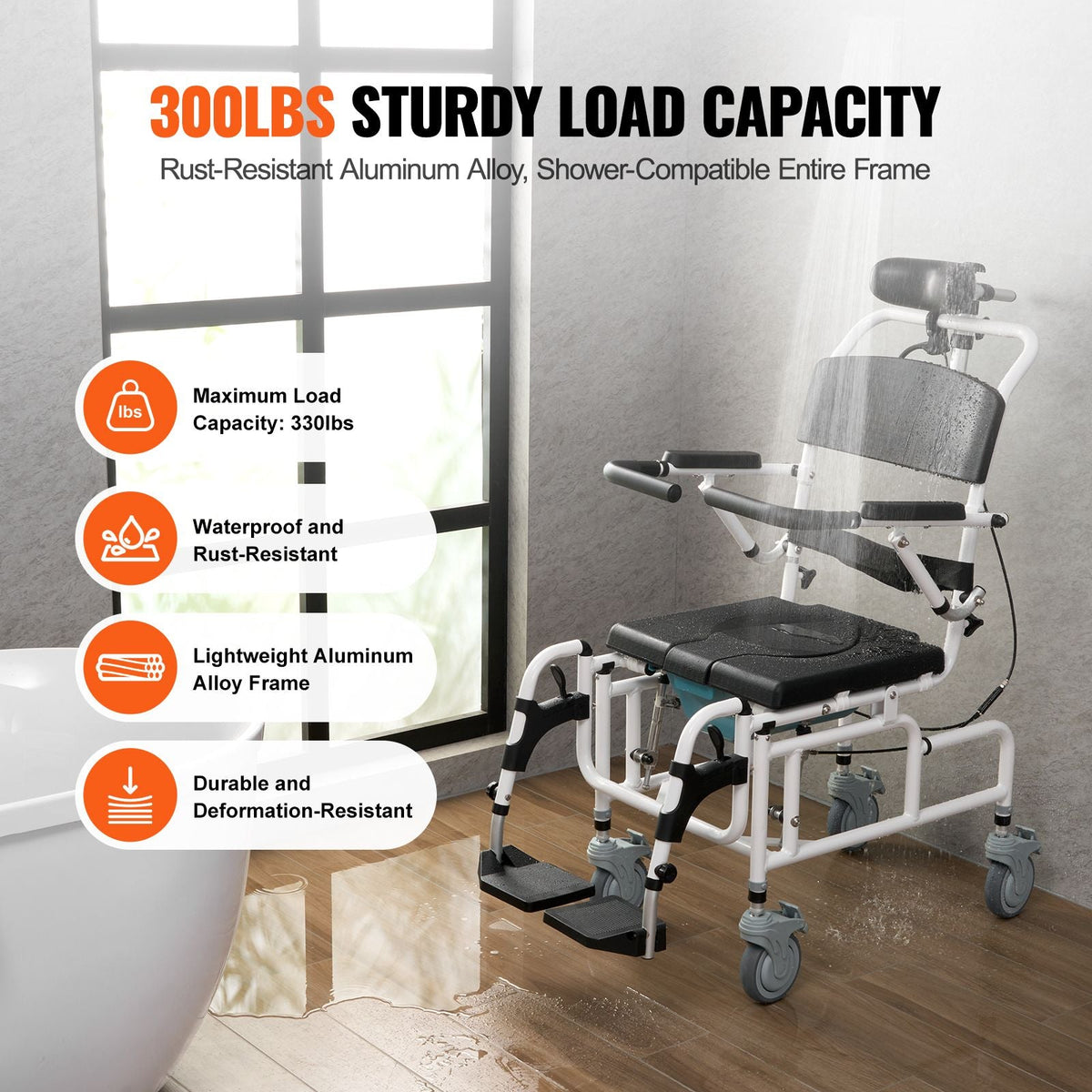 Shower Wheelchair, 17.5in Width Aluminum Alloy Bathroom Wheelchair for Inside Shower, Adjustable Rolling Shower Chair w/ Brake for Disabled Adult, 300 lbs Capacity Shower Transport Chair