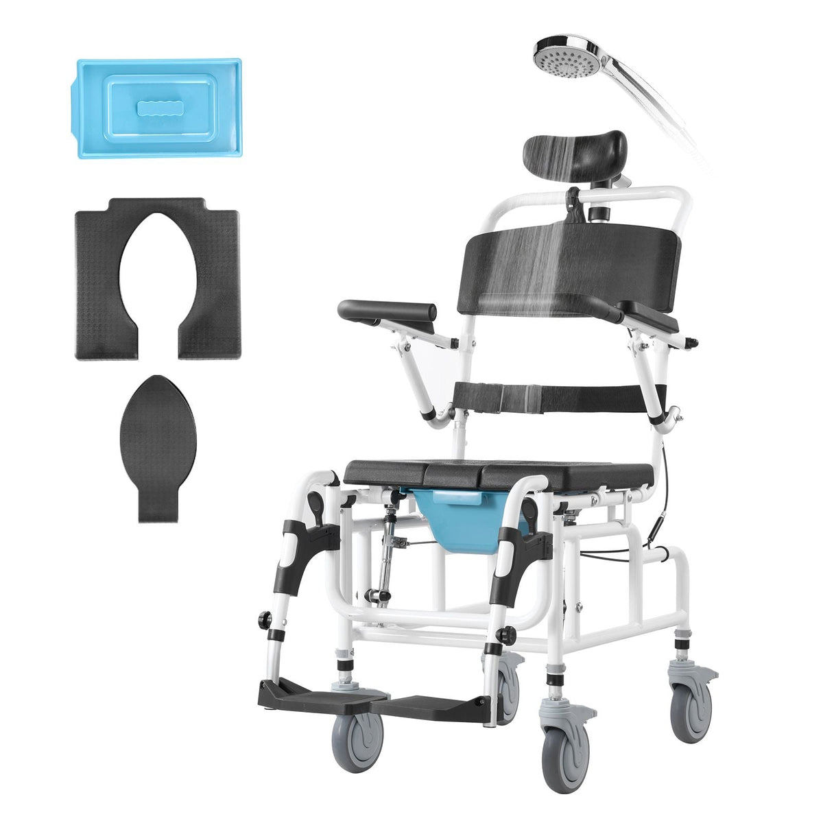 Shower Wheelchair, 17.5in Width Aluminum Alloy Bathroom Wheelchair for Inside Shower, Adjustable Rolling Shower Chair w/ Brake for Disabled Adult, 300 lbs Capacity Shower Transport Chair