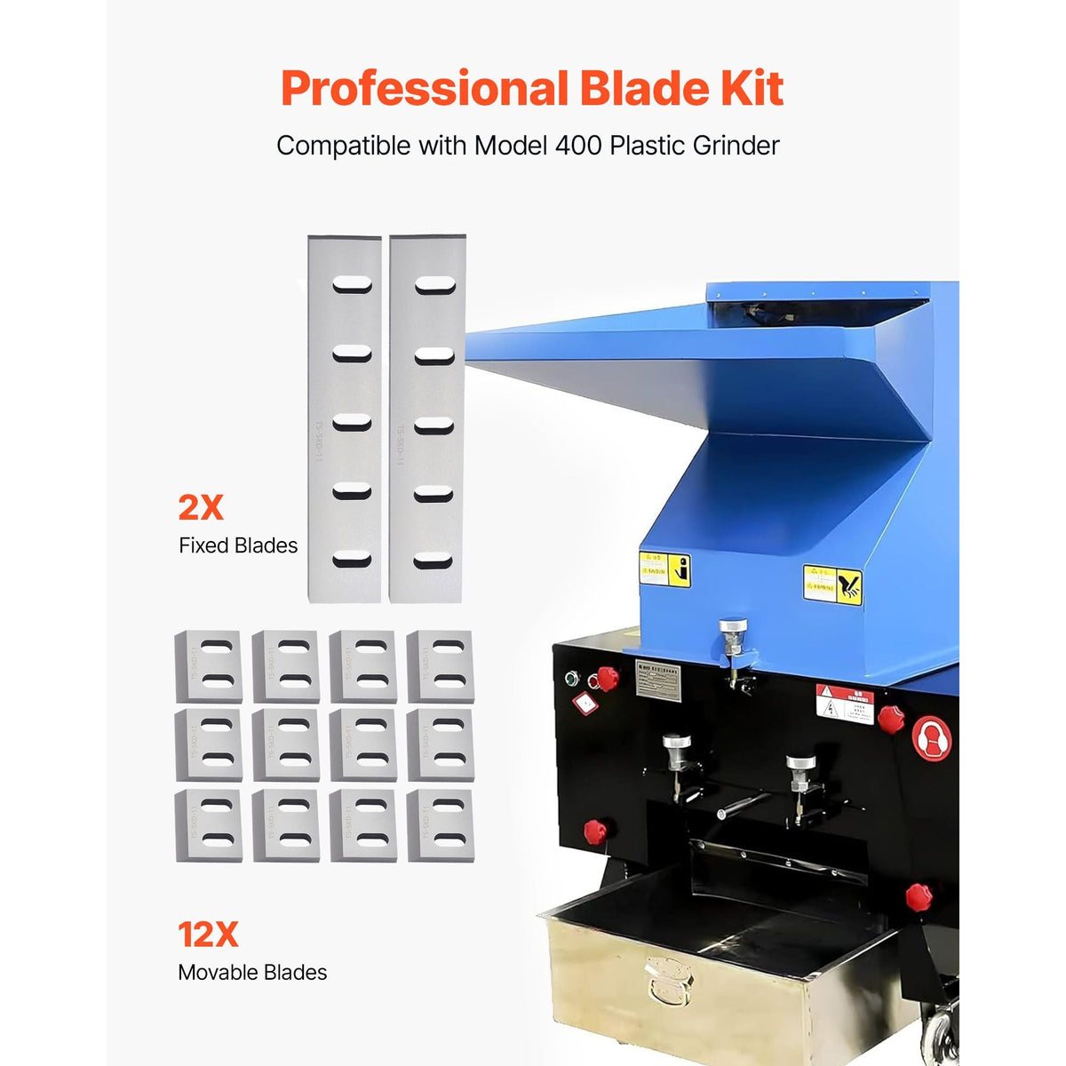 Shredder Blades, Alloy Steel Shredder Machine Blade Kit with 12 Rotating and 2 Fixed Blades, High-Hardness SKD-11 Blade, Compatible with Model 400 Plastic Grinder, for ABS, PP, PVC & Nylon