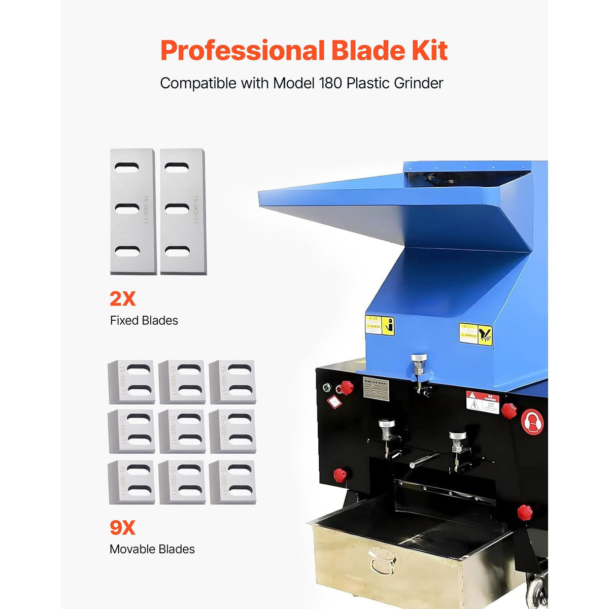 Shredder Blades, Alloy Steel Shredder Machine Blade Kit with 9 Rotating and 2 Fixed Blades, High-Hardness SKD-11 Blade, Compatible with Model 180 Plastic Grinder, for ABS, PP, PVC & Nylon