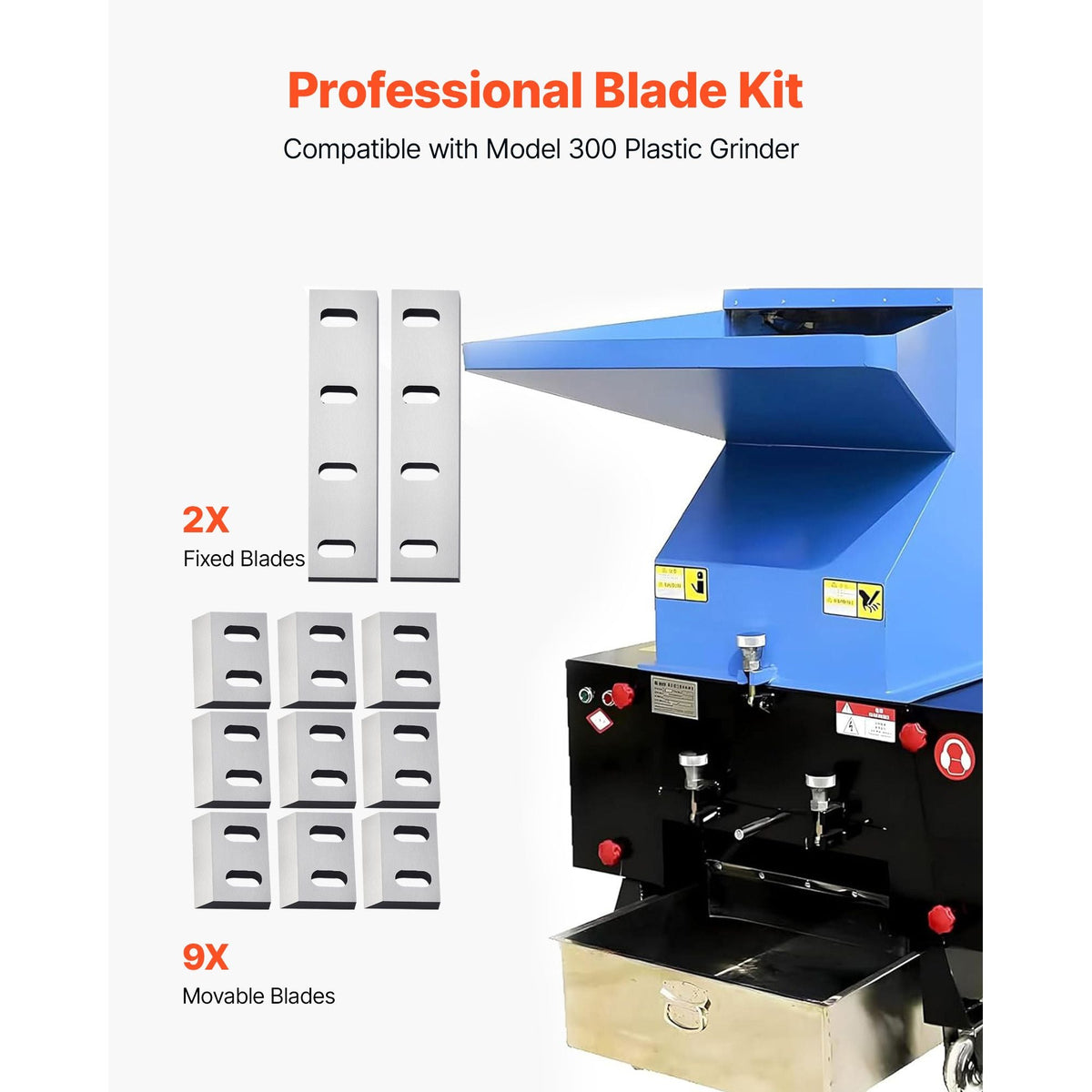 Shredder Blades, Alloy Steel Shredder Machine Blade Kit with 9 Rotating and 2 Fixed Blades, High-Hardness SKD-11 Blade, Compatible with Model 300 Plastic Grinder, for ABS, PP, PVC & Nylon