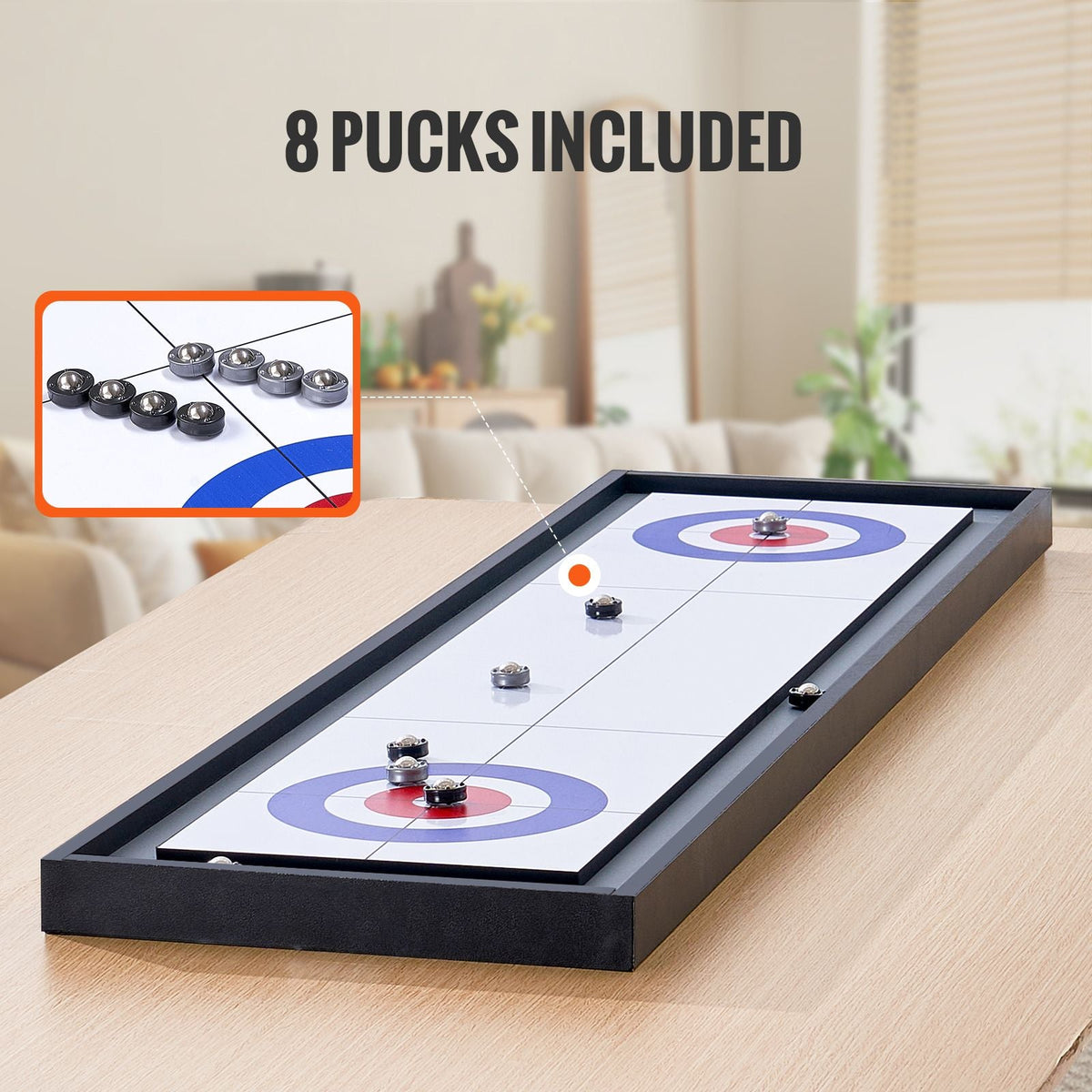Shuffleboard and Curling 2 in 1 Board Games, 45" Portable Tabletop Set, Two Sided Tabletop Shuffleboard with 8 Rolling Pucks, Shuffleboard and Curling Combo Game Set for Kids and Family